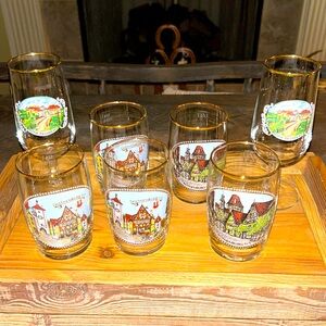 7 Vintage, German Beer/Wine Glasses with 14k gold trim.